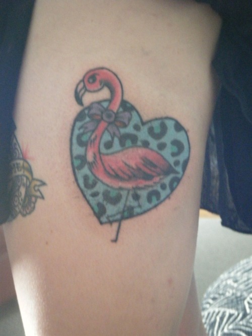 Flamingo Wearing Ribbon With Heart Shape Tattoo