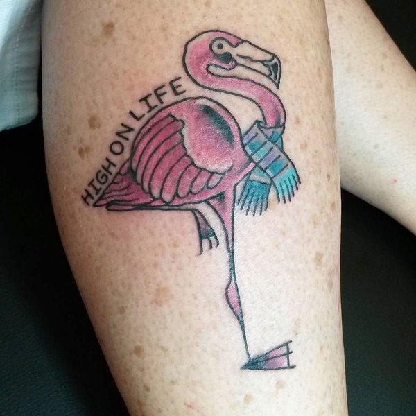 Flamingo Wearing Shawl With High On Life Texts Tattoo