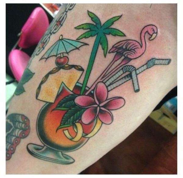 Flamingo With Palm Tree With Red Flowers Tattoo On Forearm