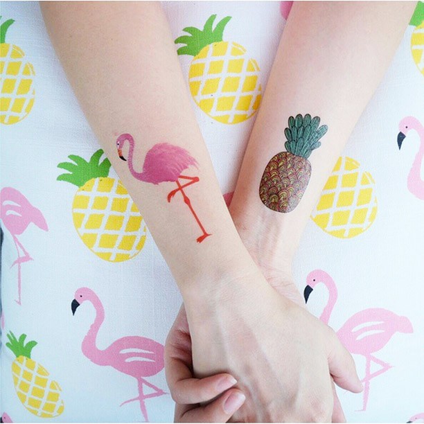Flamingo With Pineapple On Both Wrists Tattoo