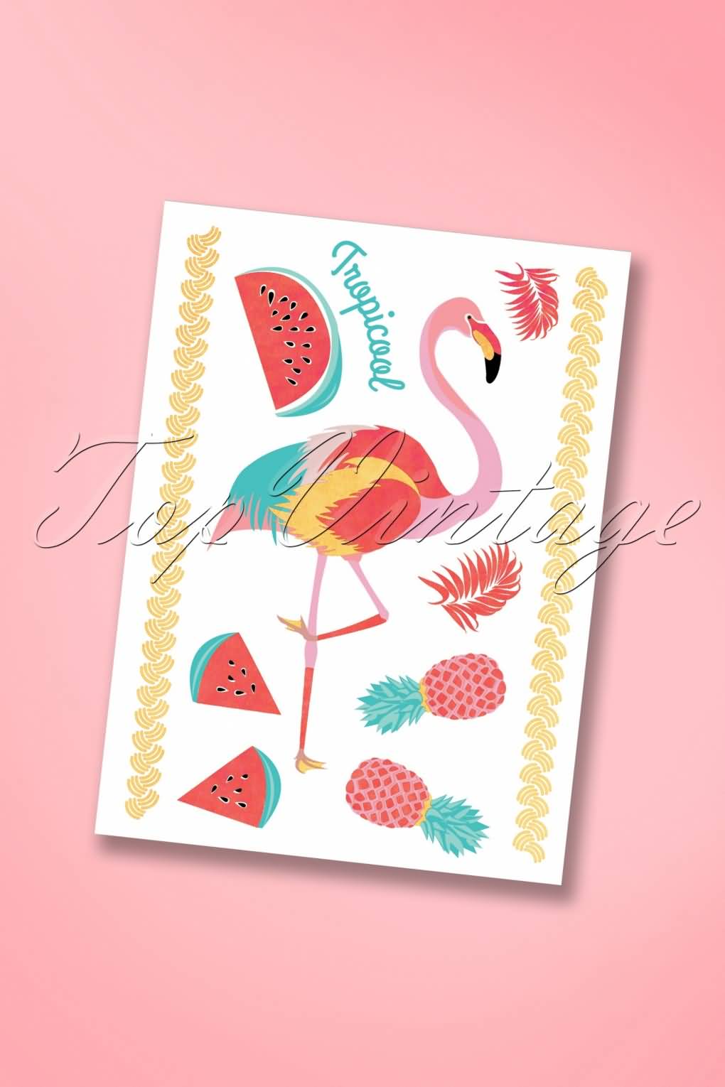 Flamingo With Pineapples And Watermelon Pieces Tattoo Design
