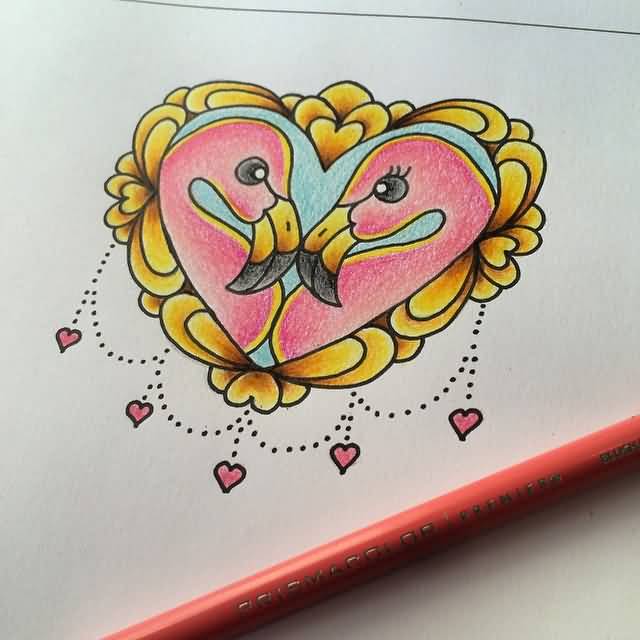 Flamingos Head In Beautiful Yellow Heart Frame Tattoo Design