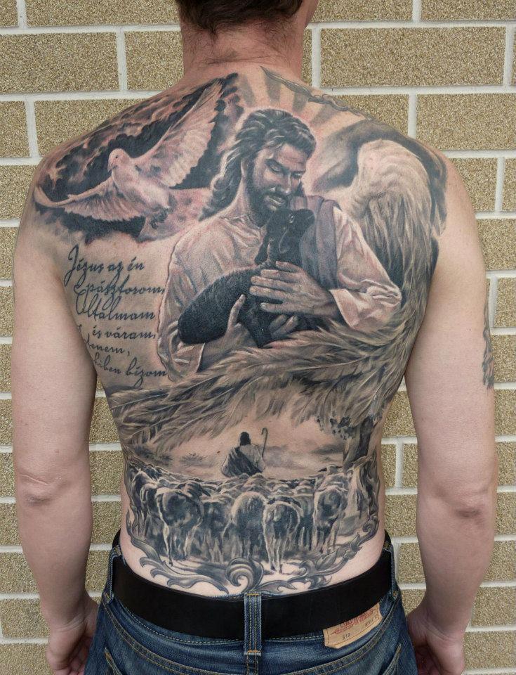 Flying Dove And Jesus Holding Goat In Hands Christianity Tattoo On Full Back