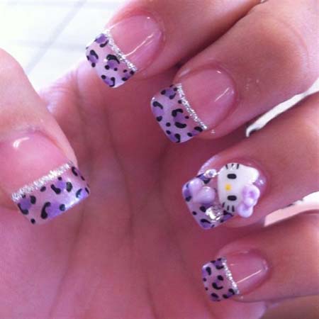 French Tip Leopard Print Nail Art With Hello Kitty 3d Design