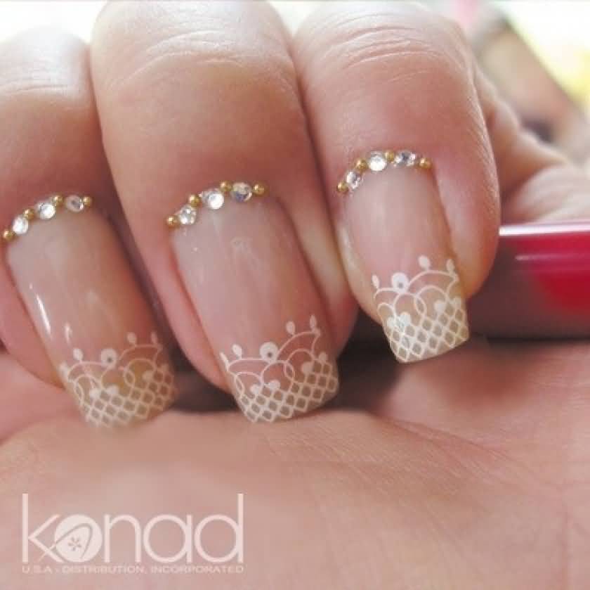 French Tip White Lace Nail Art Design