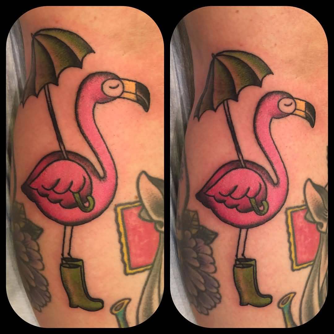 Funny Flamingo Holding Umbrella And Boots Tattoo