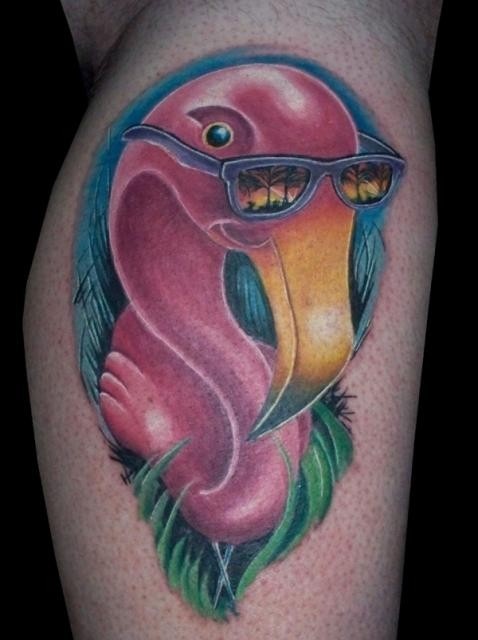 Funny Flamingo Wearing Goggles Traditional Tattoo On Leg