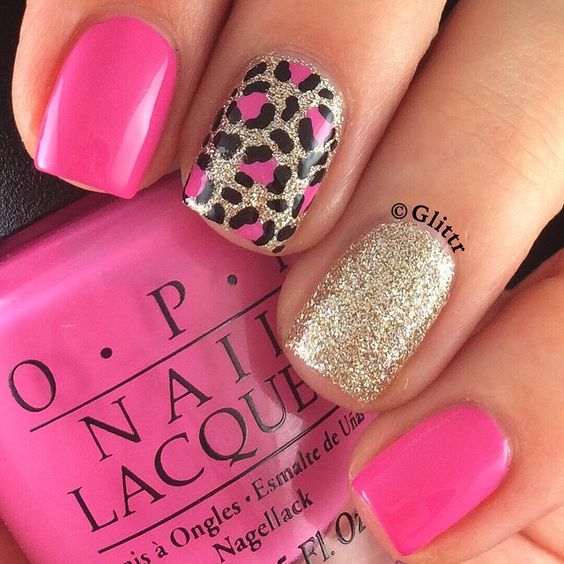 Glitter And Pink Leopard Print Nail Art
