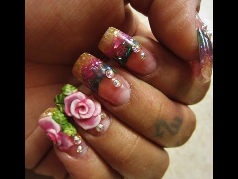Glitter Nails With 3d Acrylic Flowers Nail Design