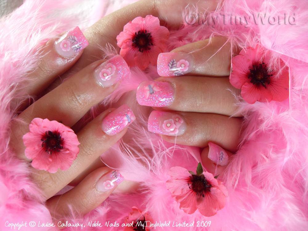 Glitter Pink Acrylic Nail Art With Flowers Design