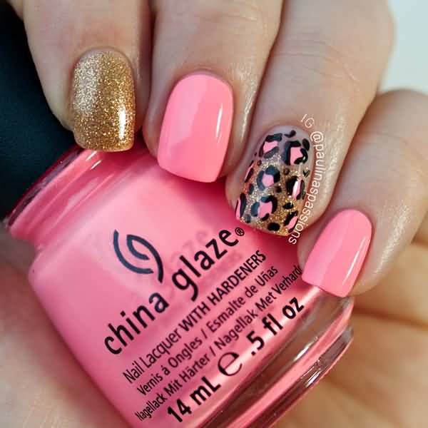 Gold And Pink Accent Leopard Print Nail Art