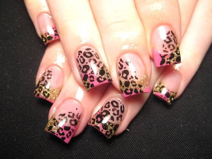 Gold And Pink Leopard Print Nail Art