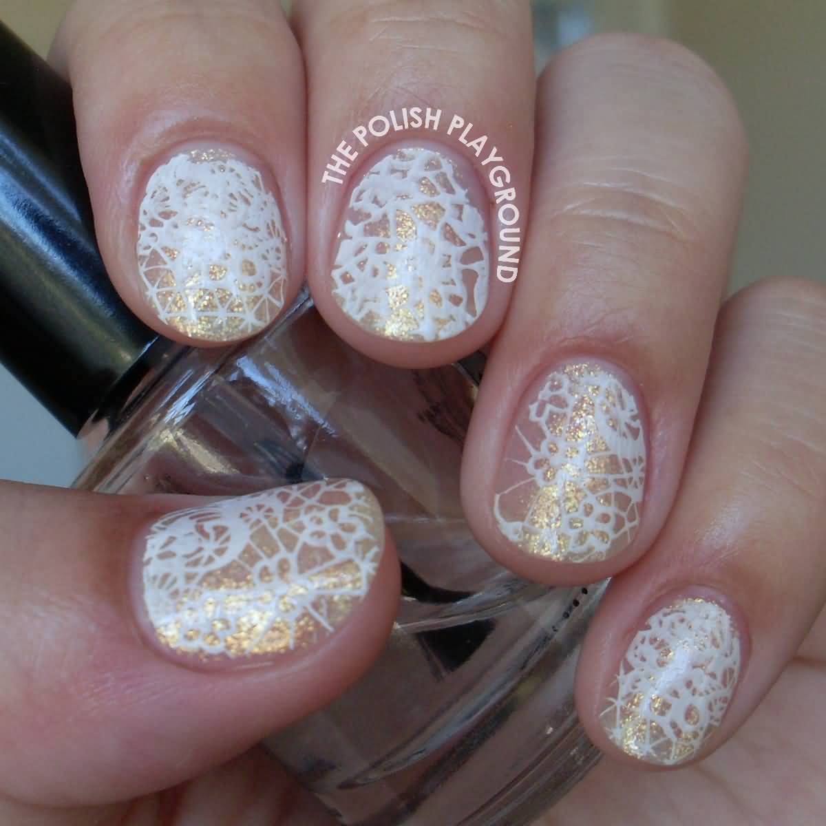 Gold And White Shimmering Lace Stamping Nail Art