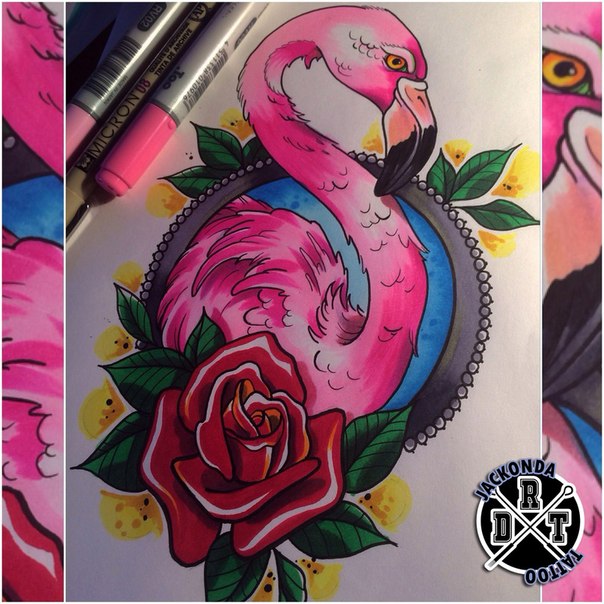 Gorgeous Colorful Flamingo With Red Rose And Leaves Tattoo Design