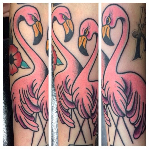 Gorgeous Pink Traditional Flamingos Tattoo