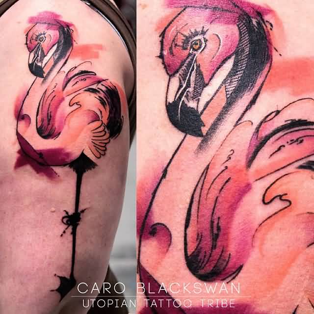 Gorgeous Watercolor Flamingo Tattoo By Caro Blackswan