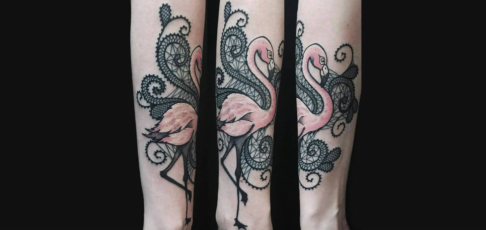 Great Flamingo Lace Tattoo On Forearm