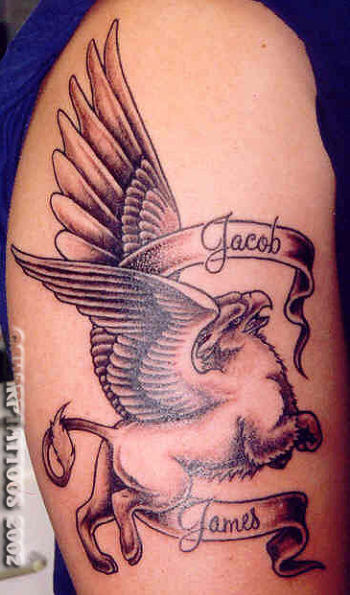 Great Griffin With Jacob And James Banner Tattoo On Half Sleeve