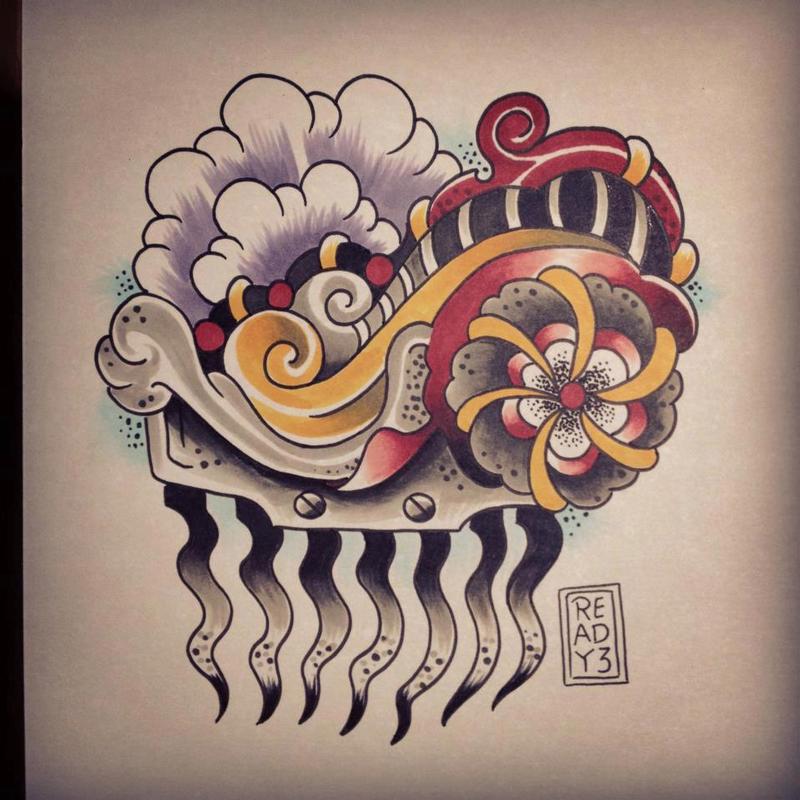 Great Traditional Hair Comb Tattoo Design