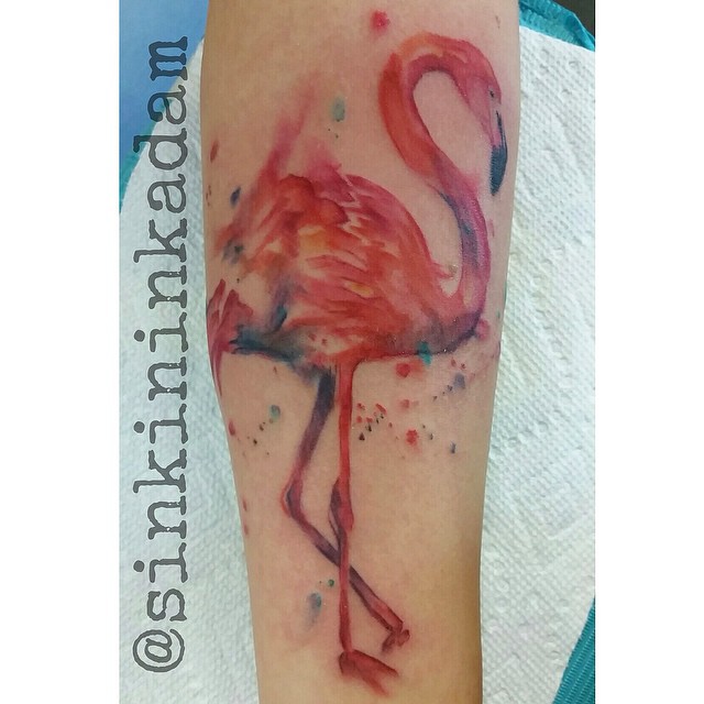 Great Watercolor Red Flamingo Tattoo On Forearm