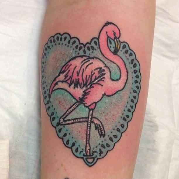 Green Heart And Pink Flamingo Tattoo