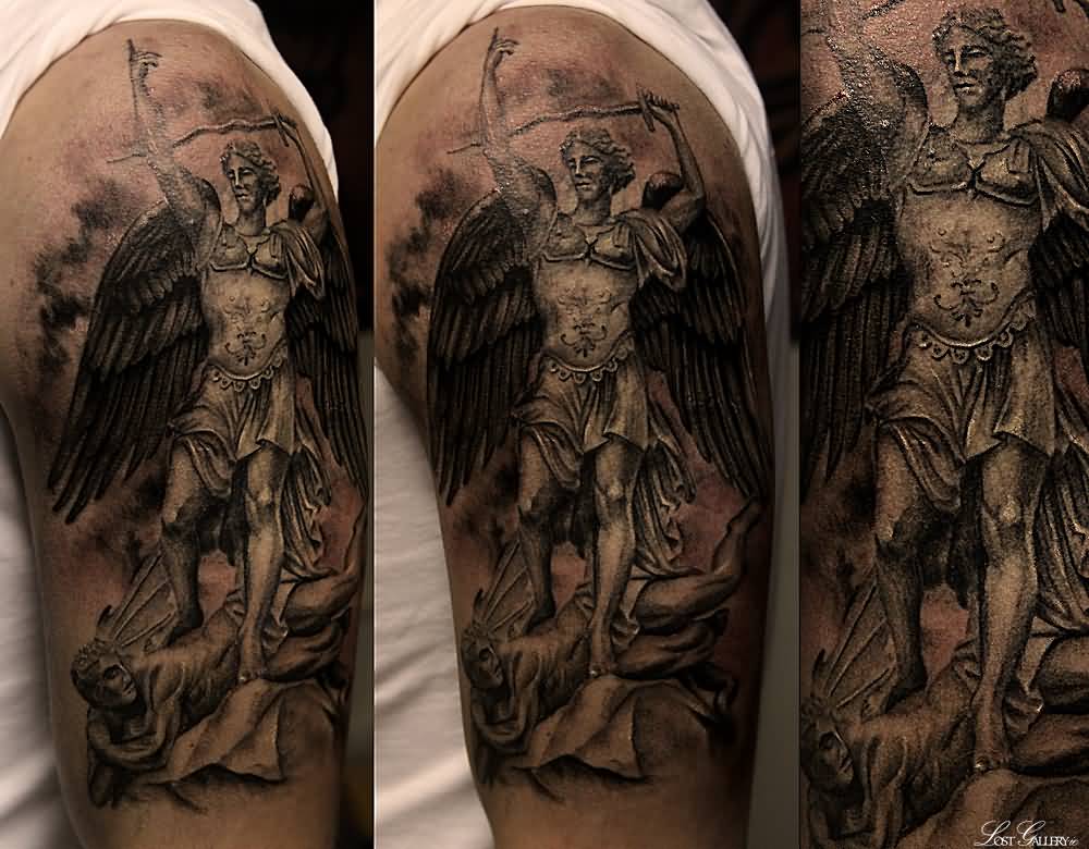 Grey And Black Archangel Tattoo On Half Sleeve