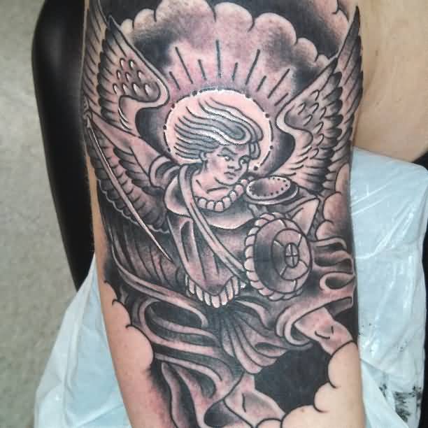 Grey And Black Archangel Tattoo On Right Half Sleeve