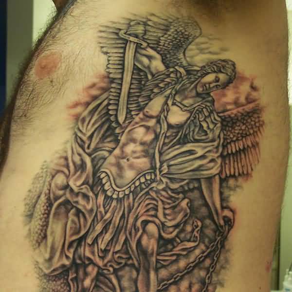 Grey Archangel Tattoo On Left Side Rib