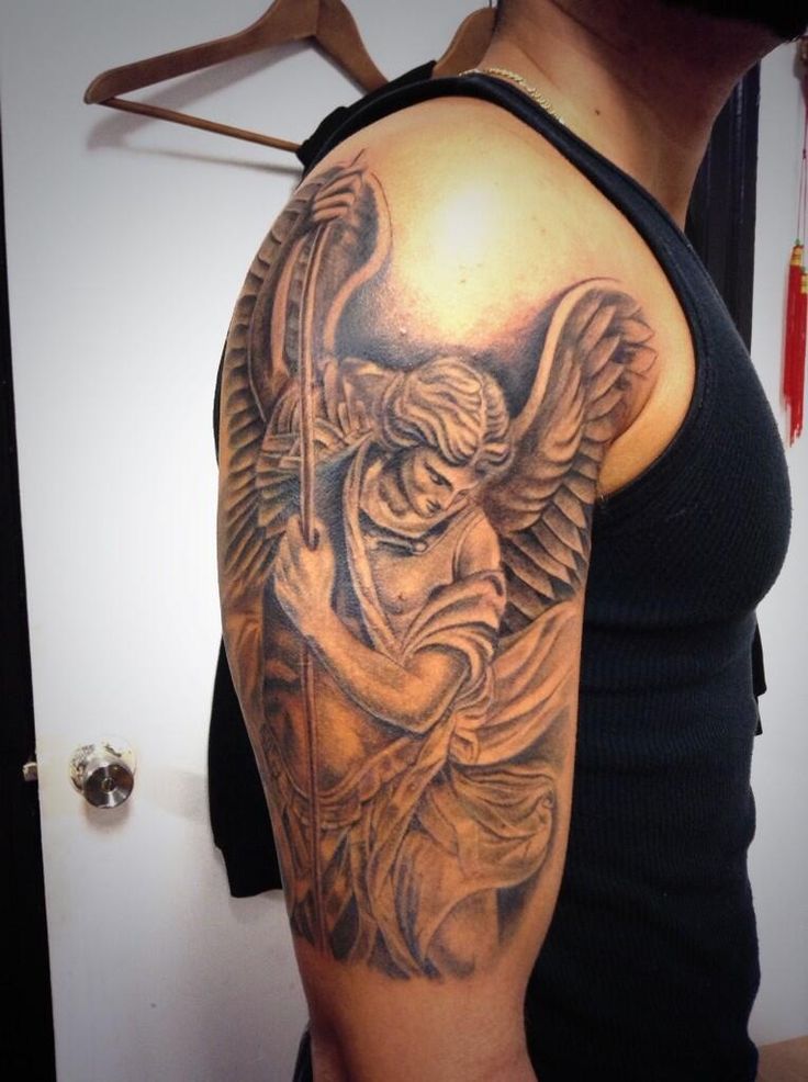 Grey Archangel Tattoo On Man Right Half Sleeve