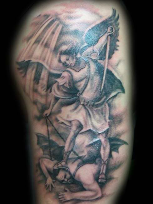 Grey Ink Archangel Fighting With Demon Tattoo Design