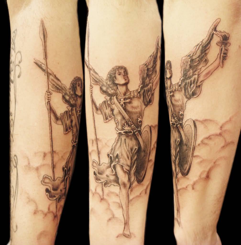 Grey Ink Archangel Tattoo On Arm Sleeve