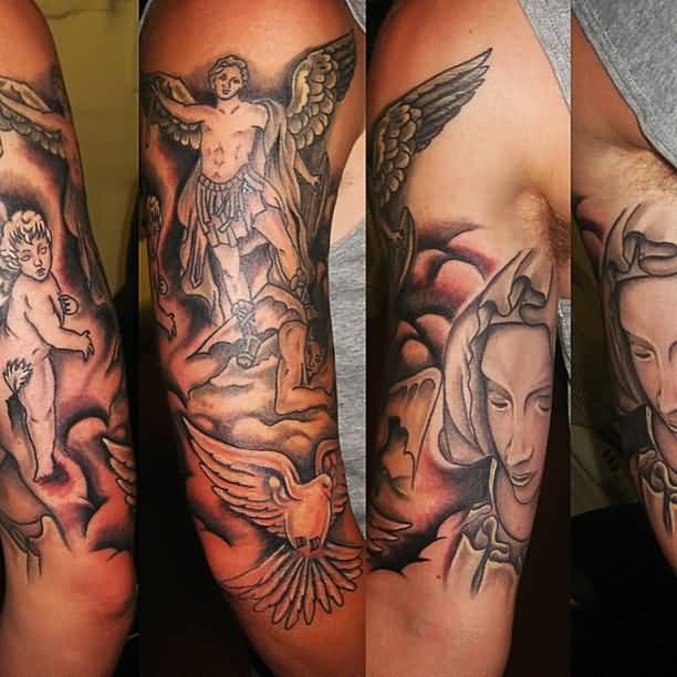 Grey Ink Archangel Tattoo On Arm