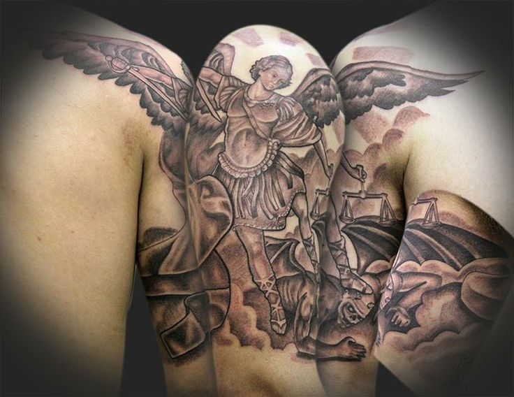 Grey Ink Archangel Tattoo On Half Sleeve For Men