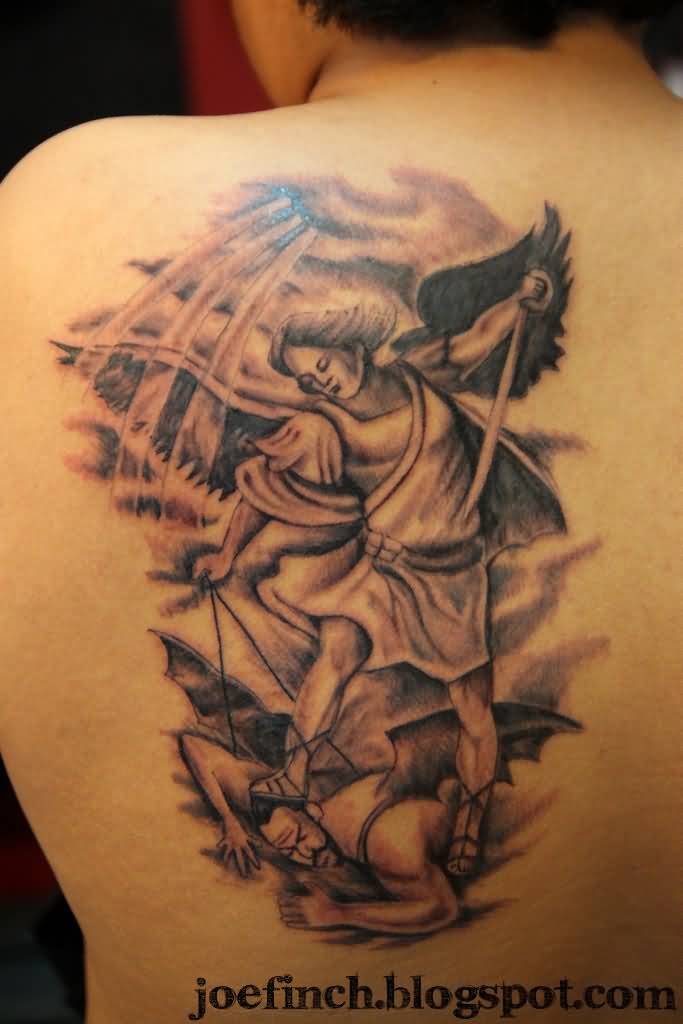 Grey Ink Archangel Tattoo On Left Back Shoulder