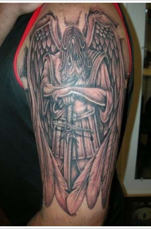 Grey Ink Archangel Tattoo On Left Half Sleeve For Men