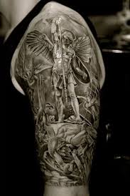 Grey Ink Archangel Tattoo On Left Half Sleeve