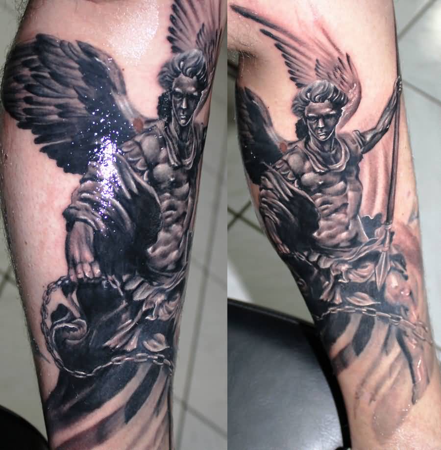 Grey Ink Archangel Tattoo On Leg