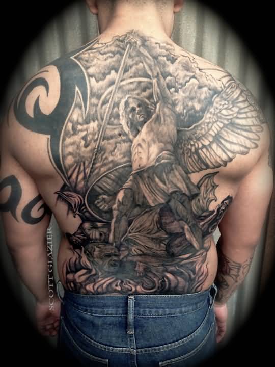 Grey Ink Archangel Tattoo On Man Full Back