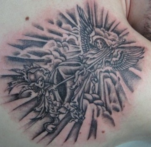 Grey Ink Archangel Tattoo On Man Right Back Shoulder