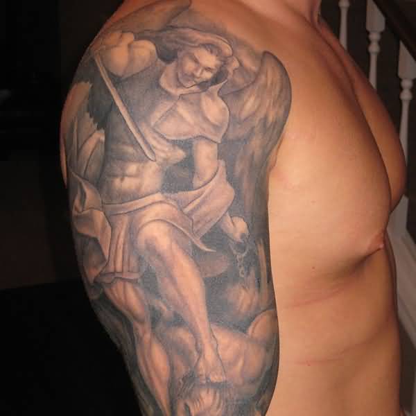 Grey Ink Archangel Tattoo On Man Right Half Sleeve