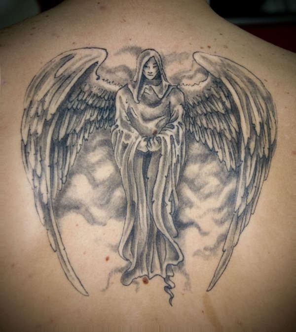 Grey Ink Archangel Tattoo On Man Upper Back