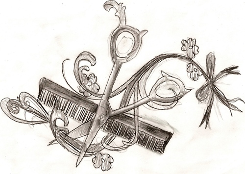 Grey Ink Comb With Scissor And Flowers Tattoo Design