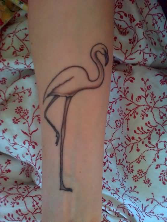 Grey Ink Flamingo Tattoo On Forearm