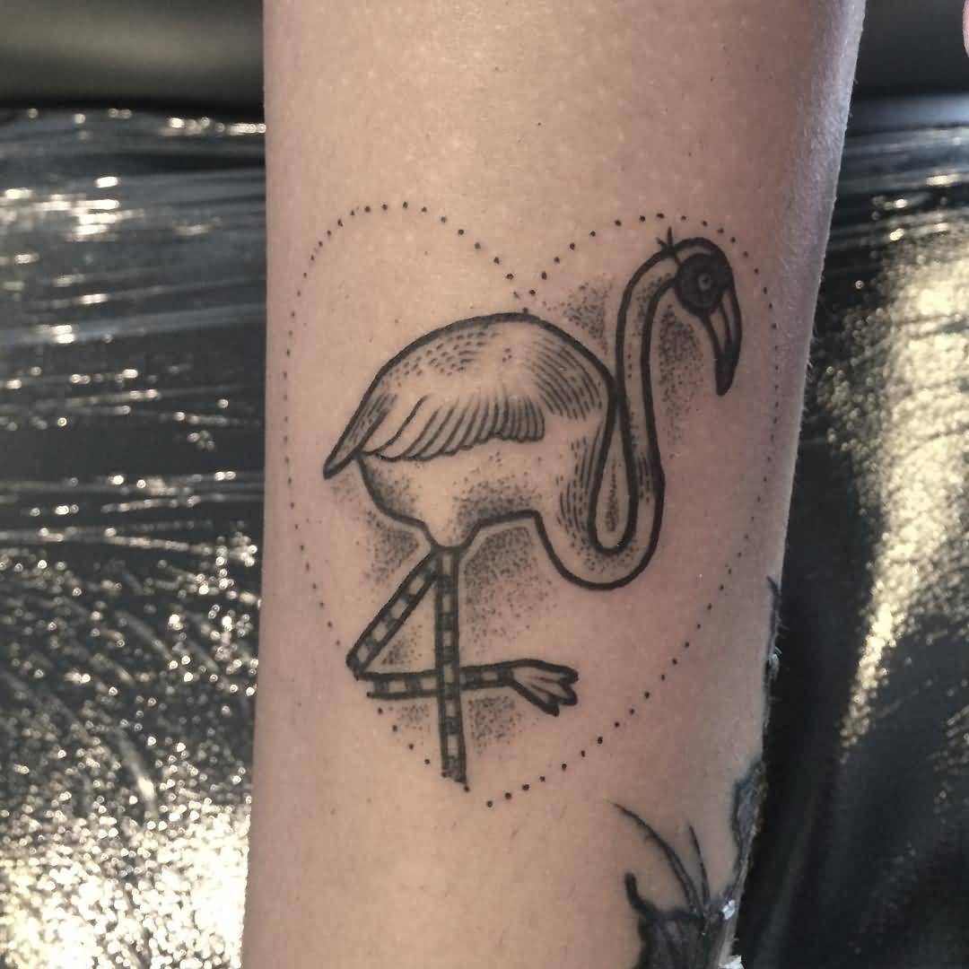 Grey Ink Flamingo With Heart Shape Tattoo On Forearm