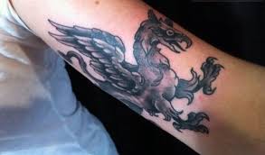Grey Ink Flying Griffin Tattoo On Half Sleeve