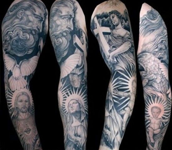 Grey Ink Jesus And Christianity Tattoo On Full Sleeve