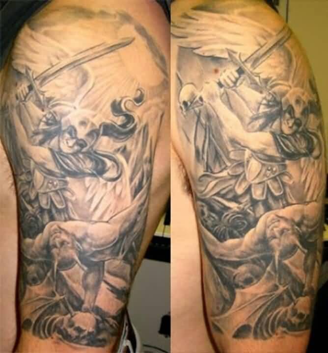 Grey Ink Michael Archangel Tattoo On Half Sleeve