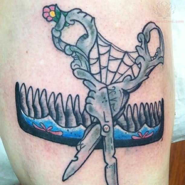 Grey Ink Scissor With Spider Web And Comb Tattoo