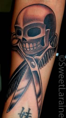 Grey Ink Skull With Hair Comb And Scissor Tattoo On Forearm