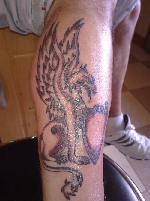 Griffin Holding Shield Tattoo On Leg